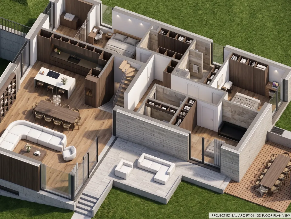 Wizualizacja trójwymiarowa rzutu budynku - model 3D Probud